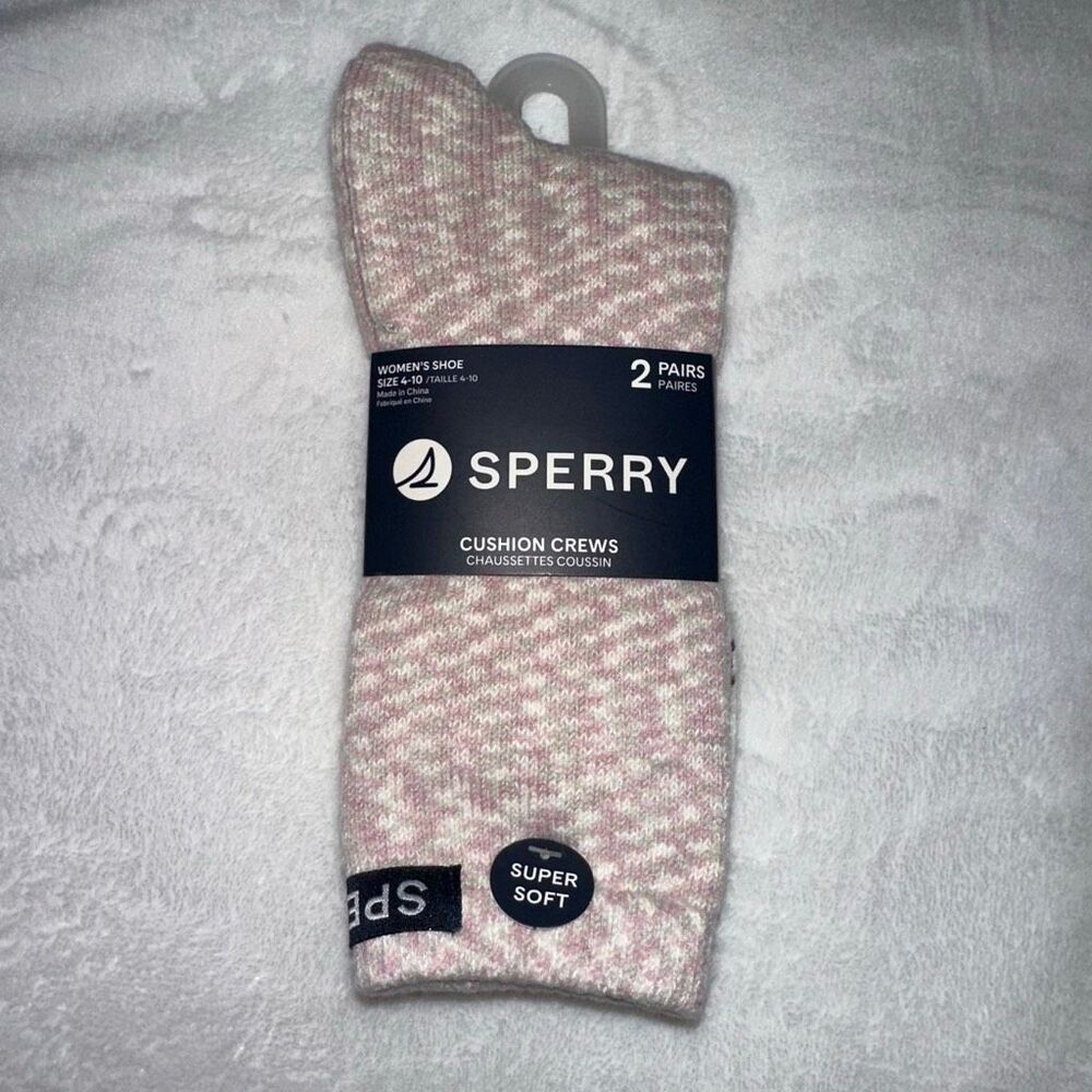 Sperry Women’s Cushion Crew Socks - 2 Pairs - Heathered Pink Cream Knit NWT